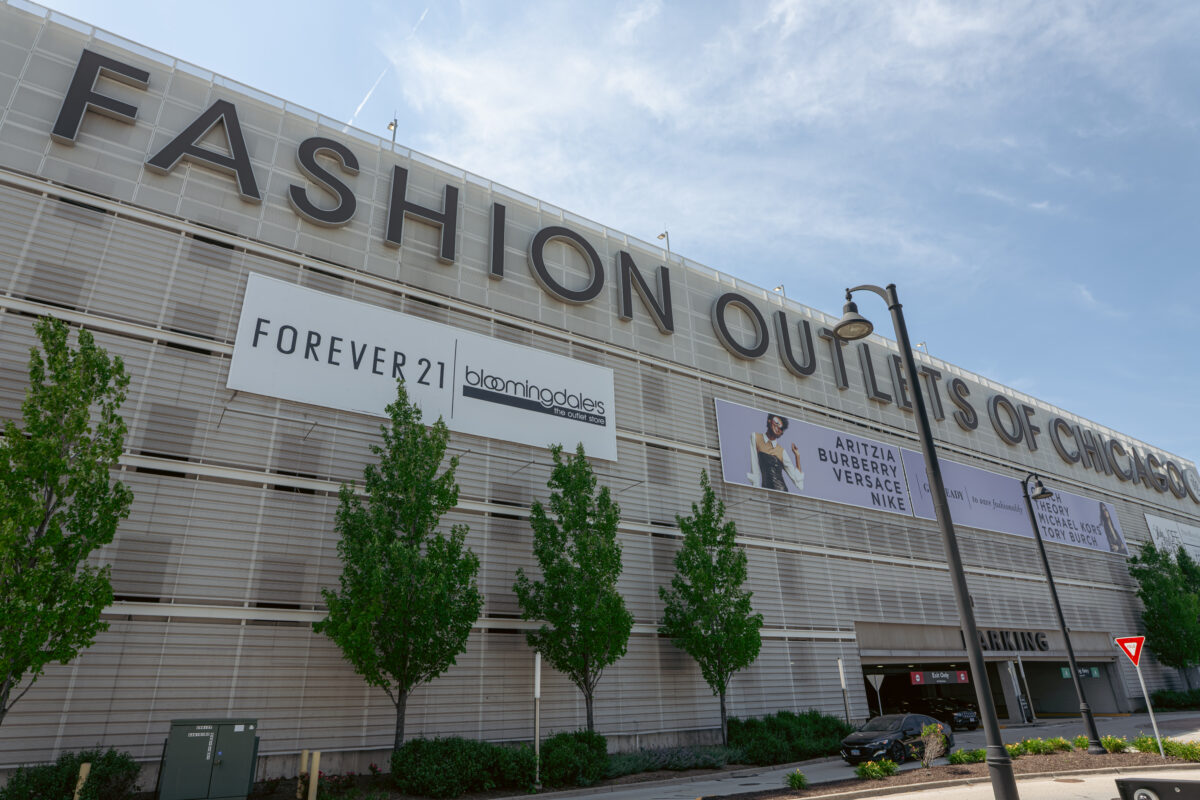 Perforated metal siding on Chicago Fashion Outlet structure