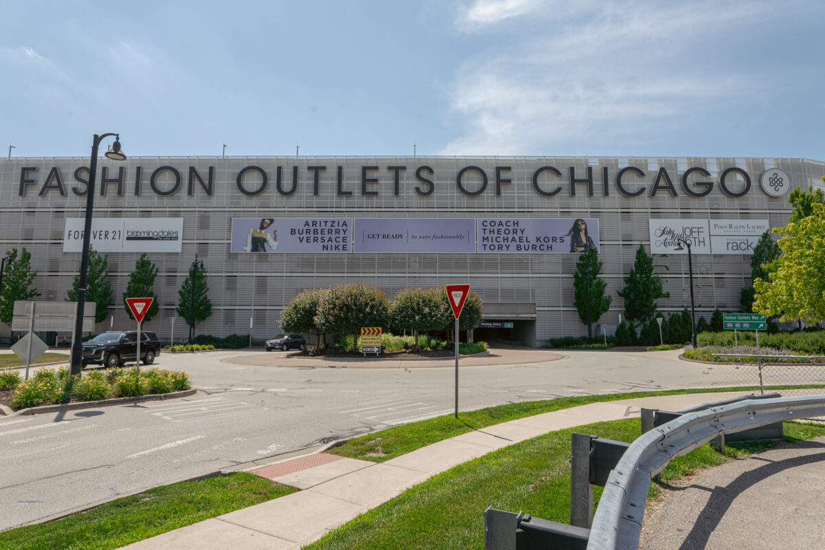 Perforated metal siding on Chicago Fashion Outlet structure