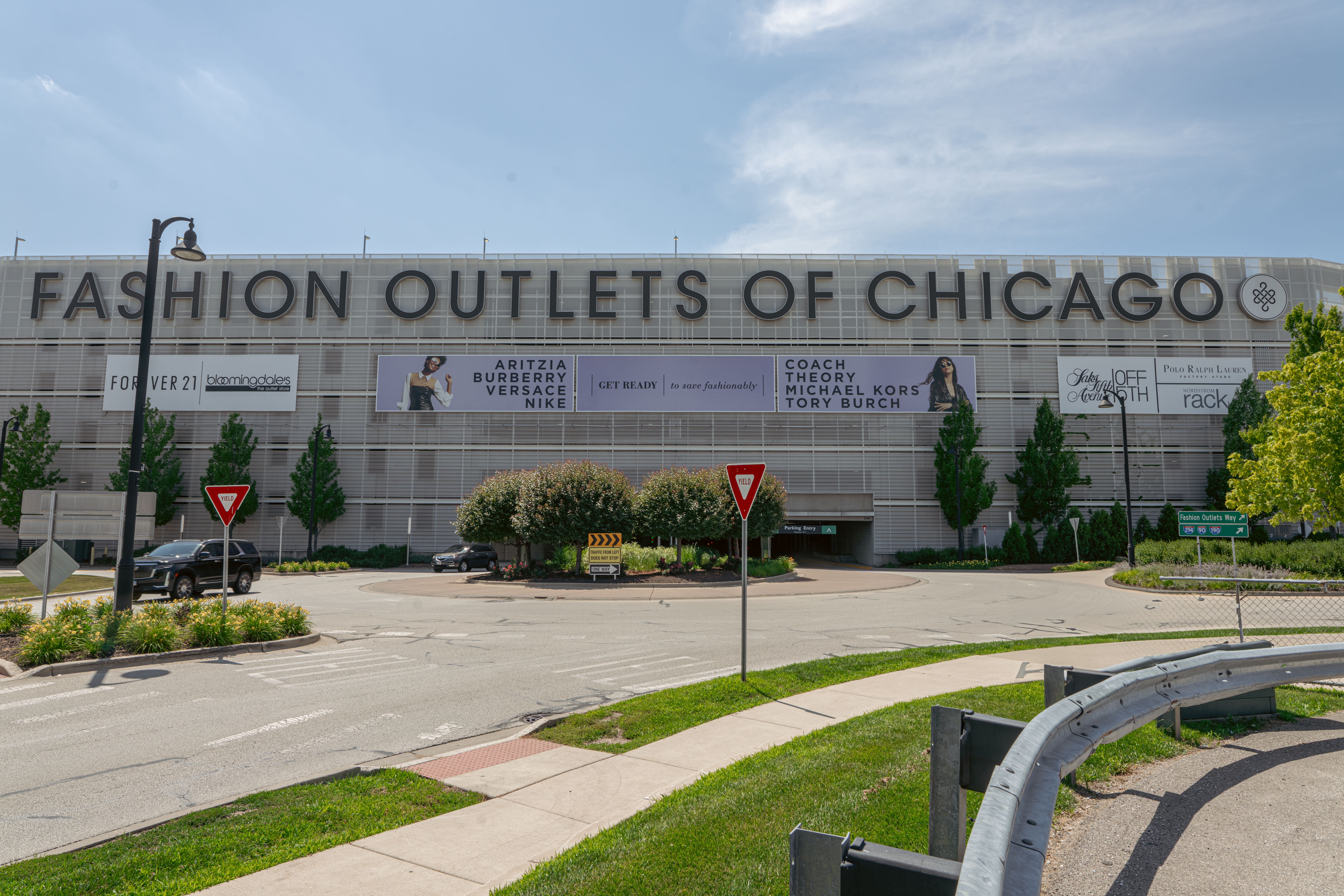Perforated metal siding on Chicago Fashion Outlet structure